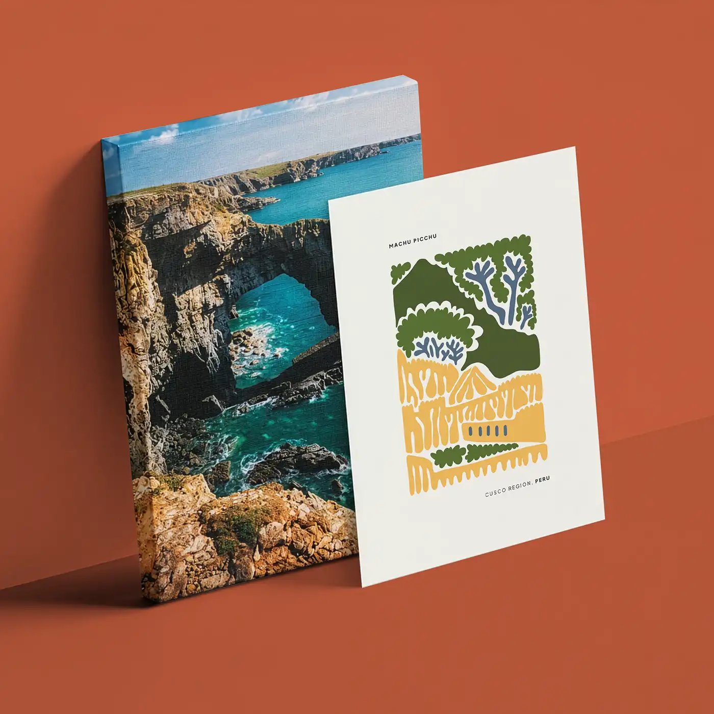 Canvas Print and an Art Print displayed upright, featuring colourful landscape artwork and photography against a warm terracotta background.