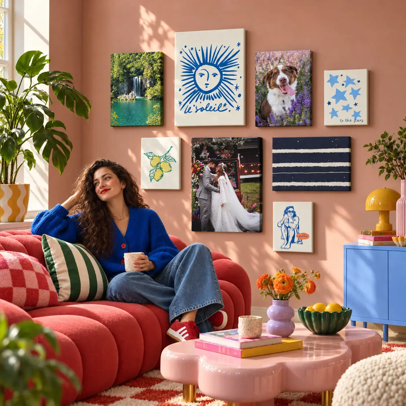 Living room gallery wall featuring a collection of Canvas Prints and artwork displayed above a red sofa, showcasing personalised wall décor in a stylish home setting.