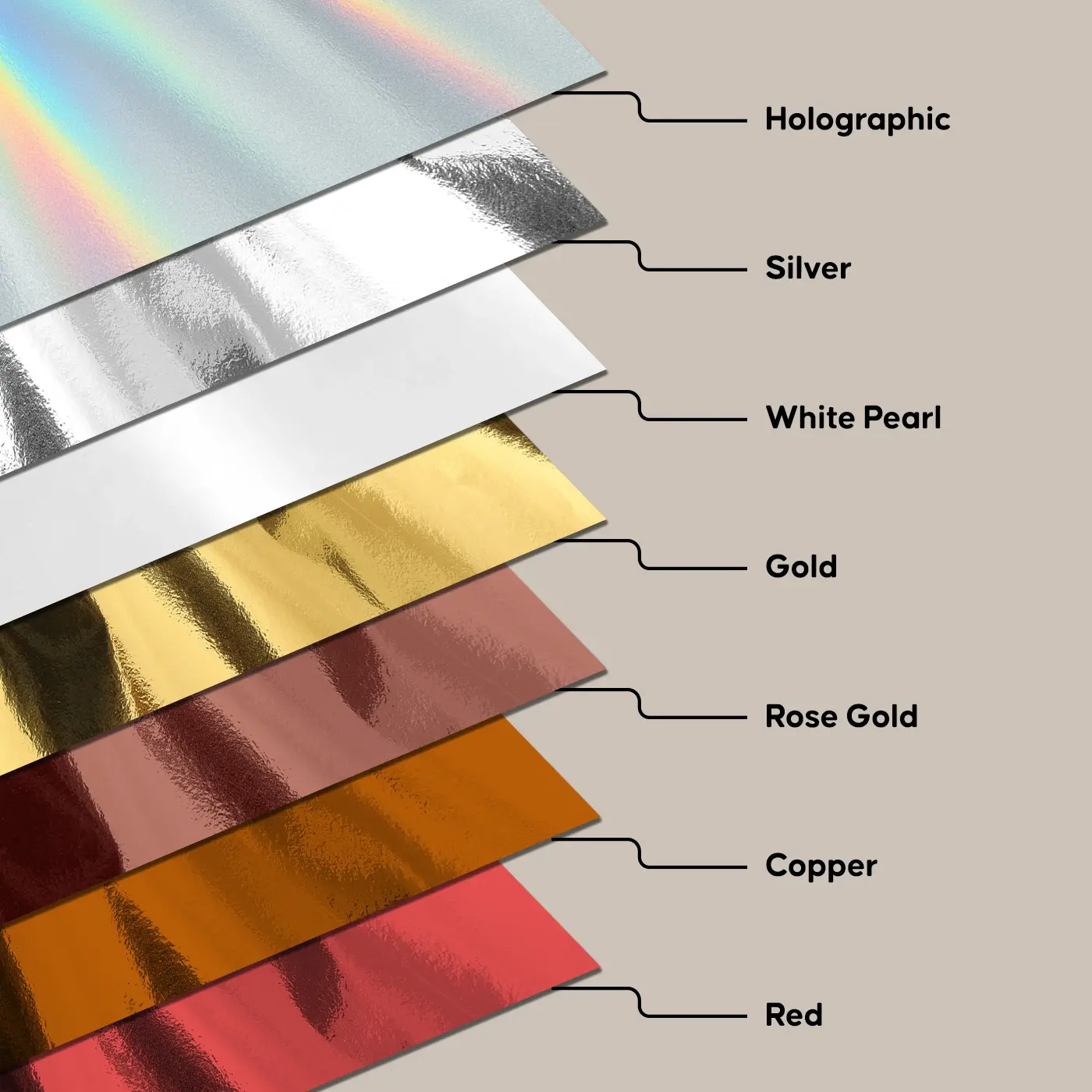 Comparison of metallic and coloured foil finishes, including holographic, silver, white pearl, gold, rose gold, copper and red options.