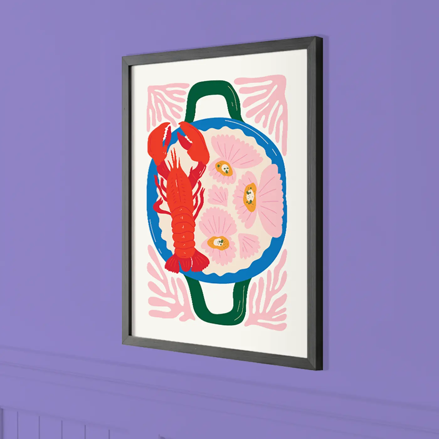Framed Print featuring a colourful illustrated design of a lobster and fish, displayed against a pastel purple background.