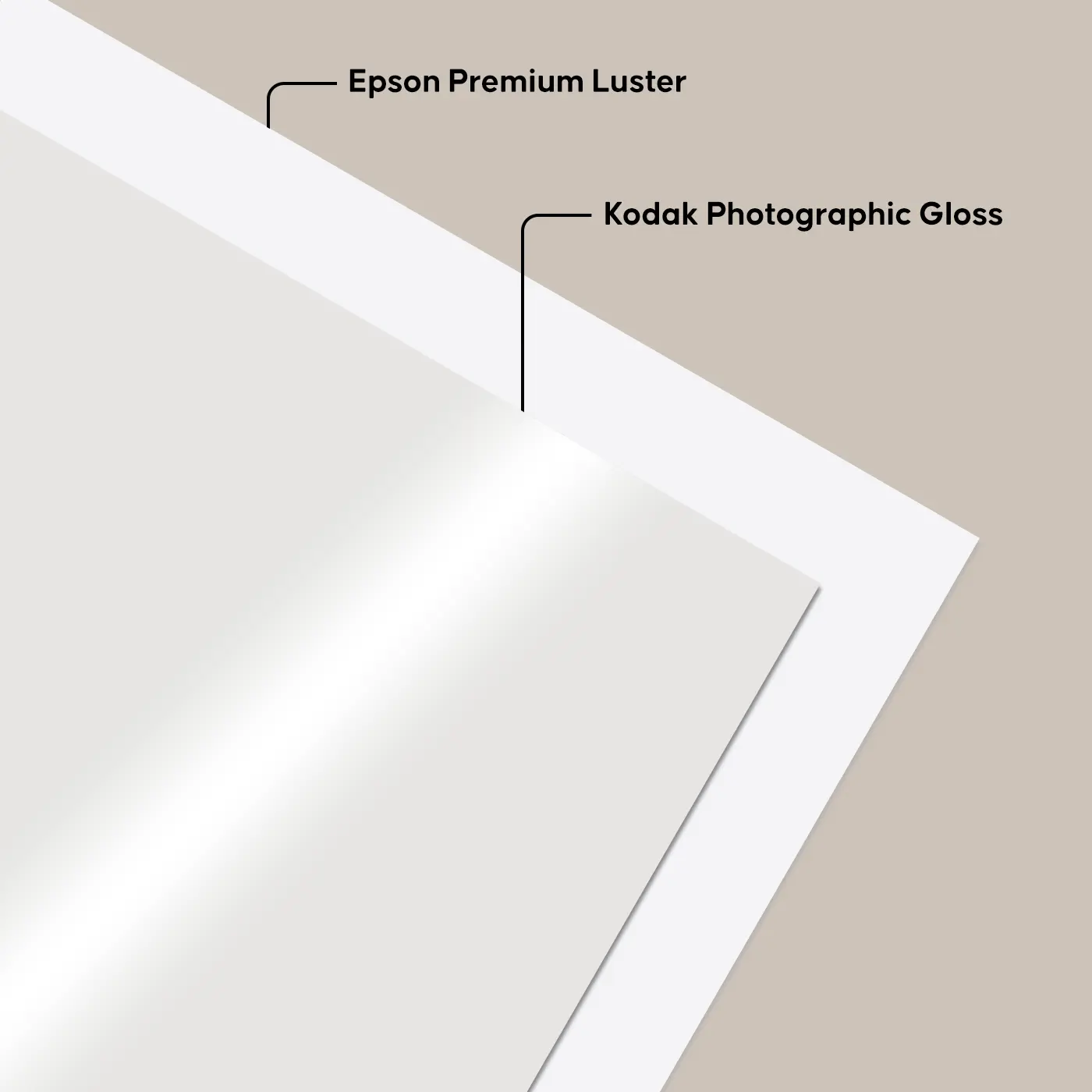 Close-up comparison of Epson Premium Luster and Kodak Photographic Gloss photo papers, highlighting the difference between textured matte and glossy finishes.
