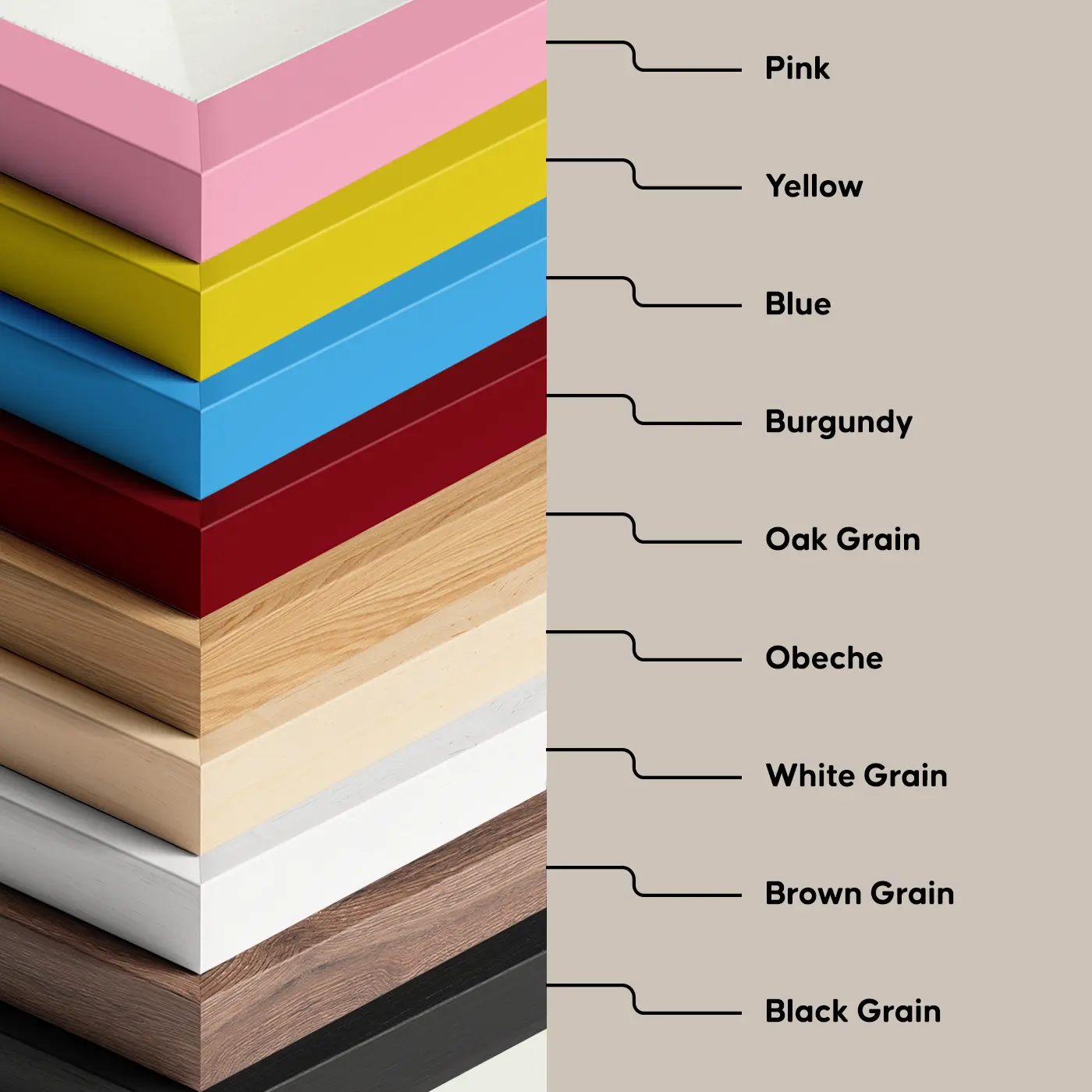 Stack of coloured and wood frames, showcasing pink, yellow, blue, burgundy, oak grain, obeche, white grain, brown grain and black grain finish options.