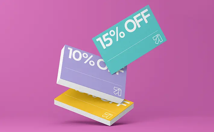 Set against a vibrant purple background, three colourful stacks of discount cards display "10% OFF" and "15% OFF" promotions.
