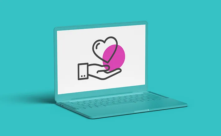 A teal laptop set against a matching teal background, displaying an line-art icon of an open hand holding a heart on its screen.