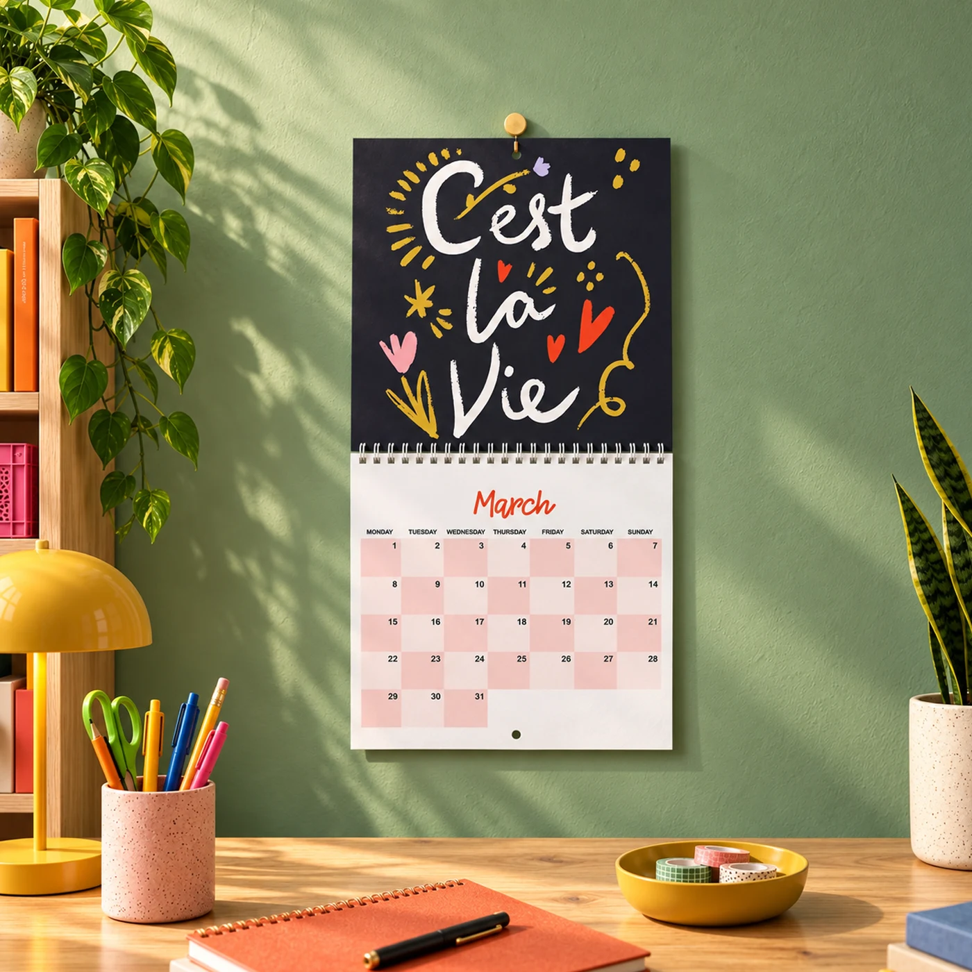 Double page wall calendar on a green wall with an illustrated top page and March grid below