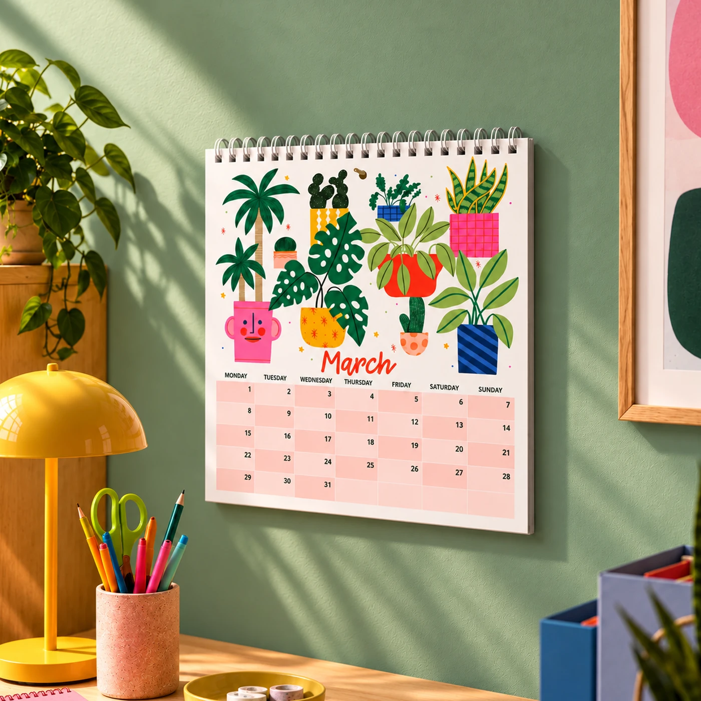 Single page wall calendar with houseplant illustrations and a March grid, hanging on a green wall