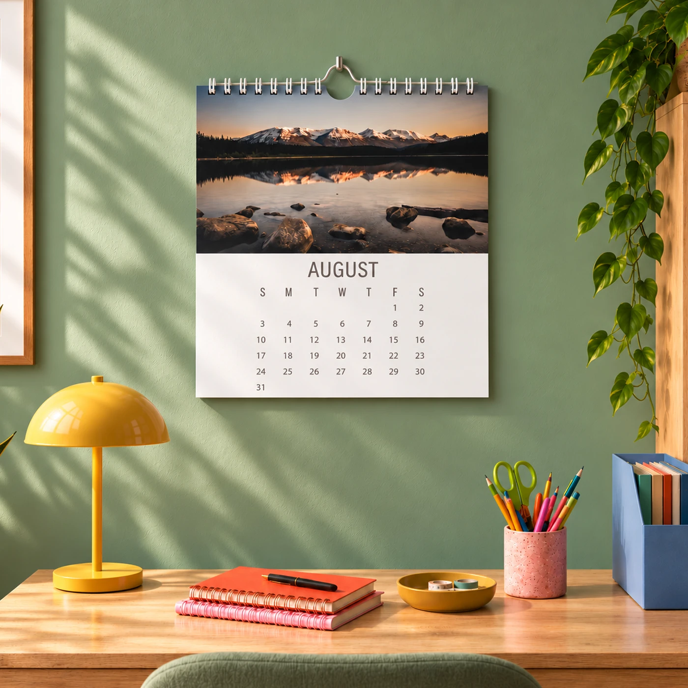 Thumb cut calendar hanging from a hook through the thumb cut, with a mountain lake photo and August grid