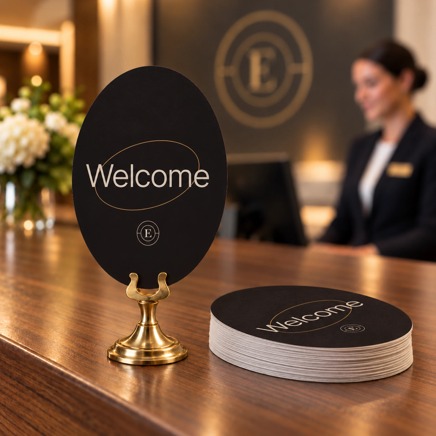 Black oval postcard with a welcome design in a brass stand on a hotel reception desk, next to a stack of postcards