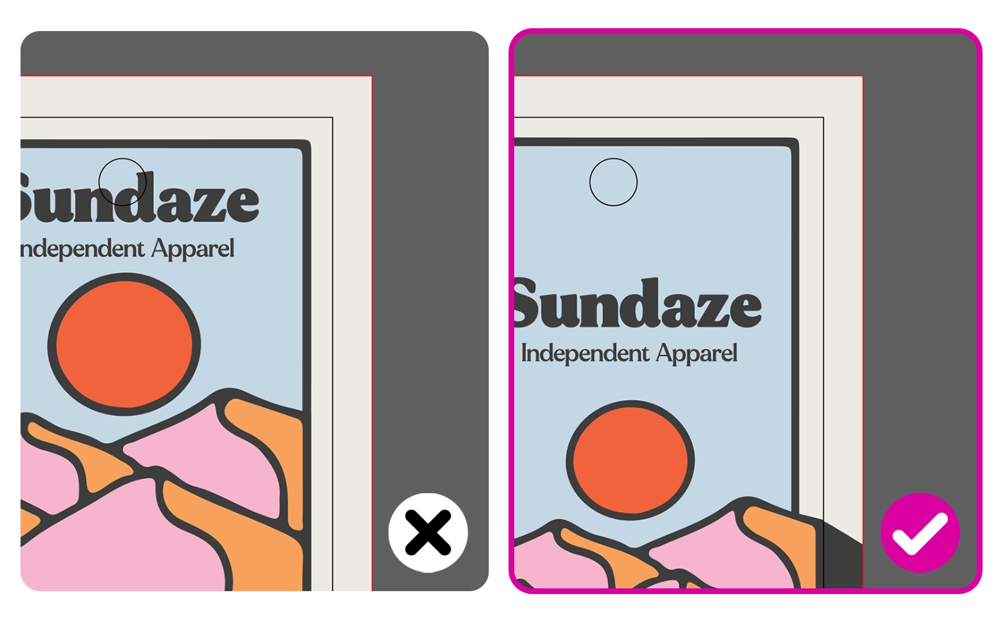 Comparison showing a swing tag hole punch overlapping the brand title text (incorrect) versus proper layout spacing that avoids overlapping the hole (correct).