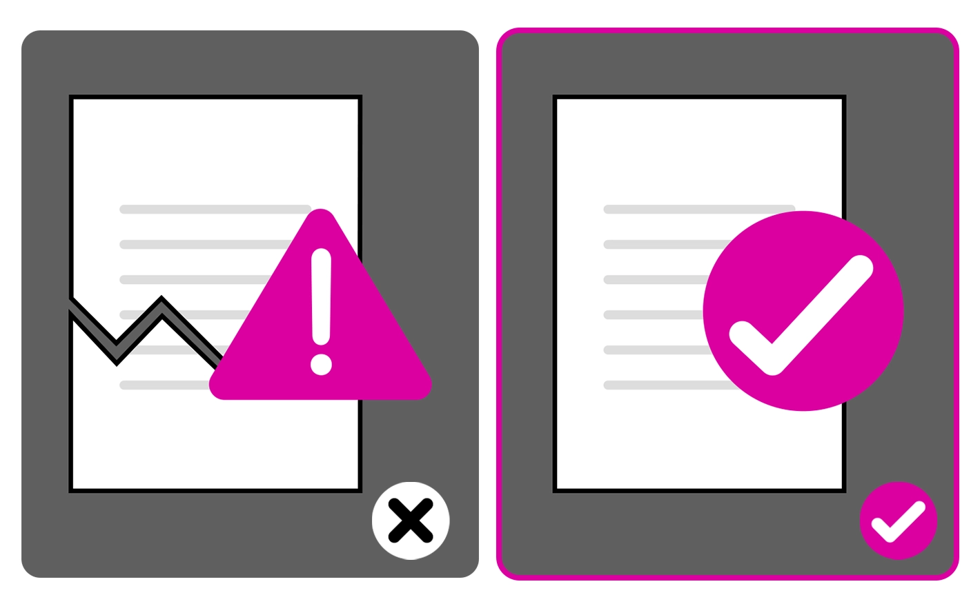 Comparison showing a document layout containing corrupt or broken elements (incorrect) versus a valid, error-free document file (correct).