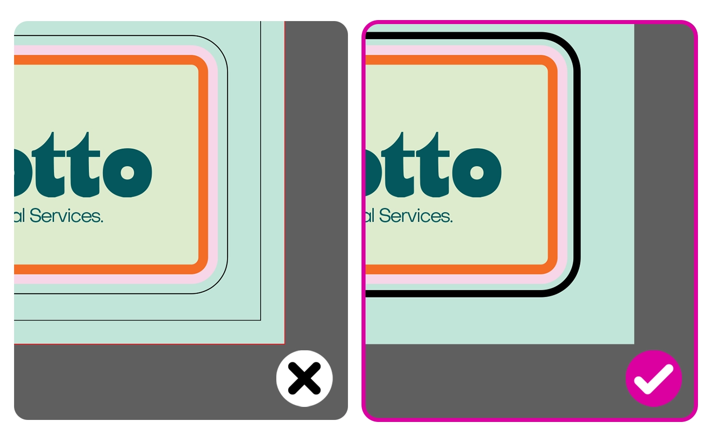 Comparison illustrating special finish lines drawn too thinly (incorrect) versus highlighted with a clear, prominent thick line for printing (correct).