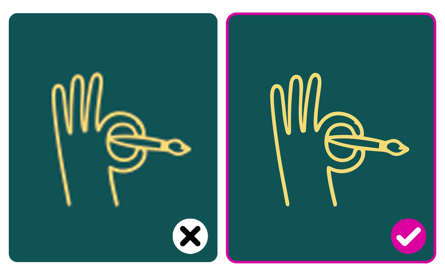 Comparison showing a blurry, low-resolution graphic illustration (incorrect) versus a crisp, high-resolution vector image (correct).