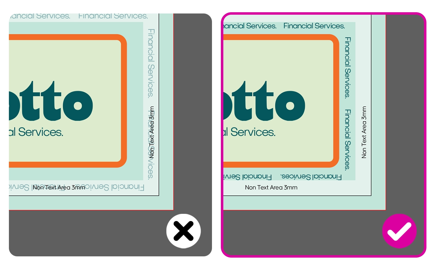 Comparison showing text placed too close to the trimming edge (incorrect) versus text kept safely inside a 3 mm non-text margin (correct).