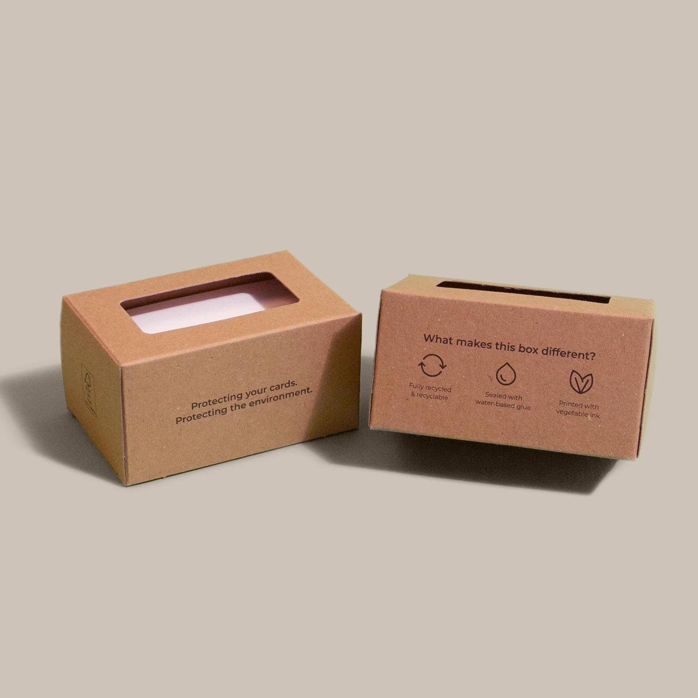 Business Cards Eco Packaging Business Card with eco-friendly cardboard box packaging.