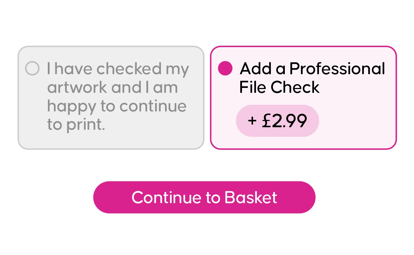 Option to add a Professional File Check for £2.99 before continuing to basket.