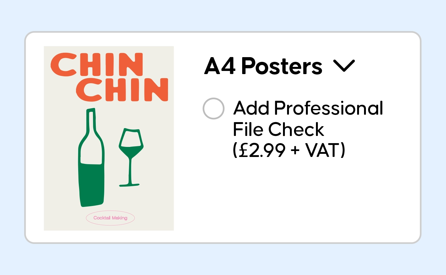 A4 Posters product selection with the option to add a Professional File Check for £2.99 + VAT.