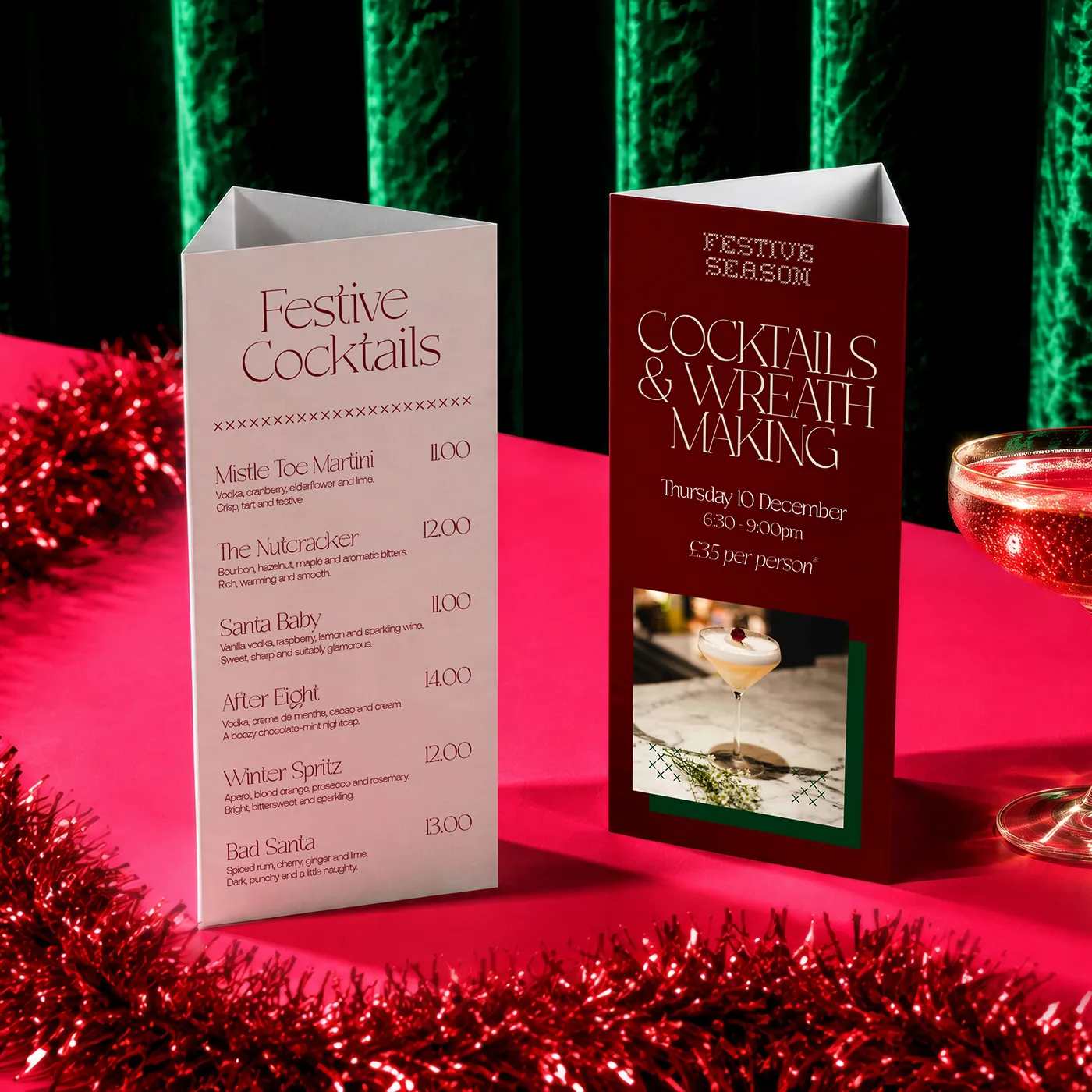Festive cocktail and wreath making Table Talkers.